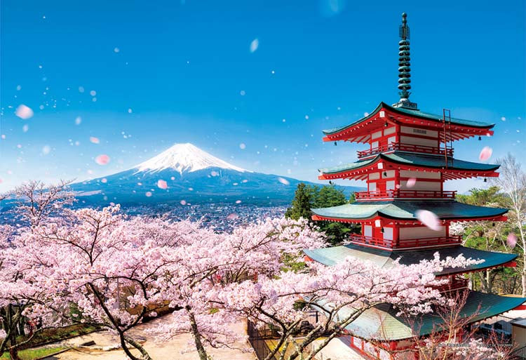 (特大尺寸)日本風景 - 櫻花下的富士山和五層寶塔 108塊 (26×38cm)